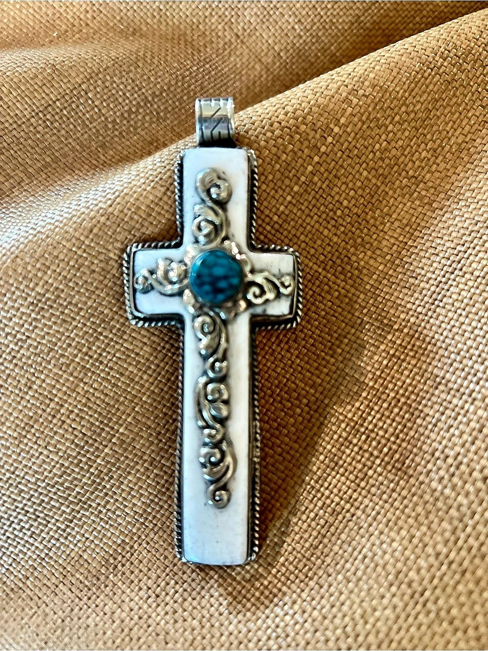 Hand Crafted Large Tibetan Silver Cross Pendant with White Stone and Turquoise A